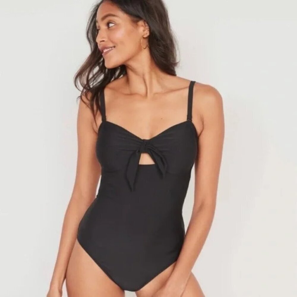Old Navy Tie-Front Keyhole Bandeau One Piece Swimsuit Black Size Large